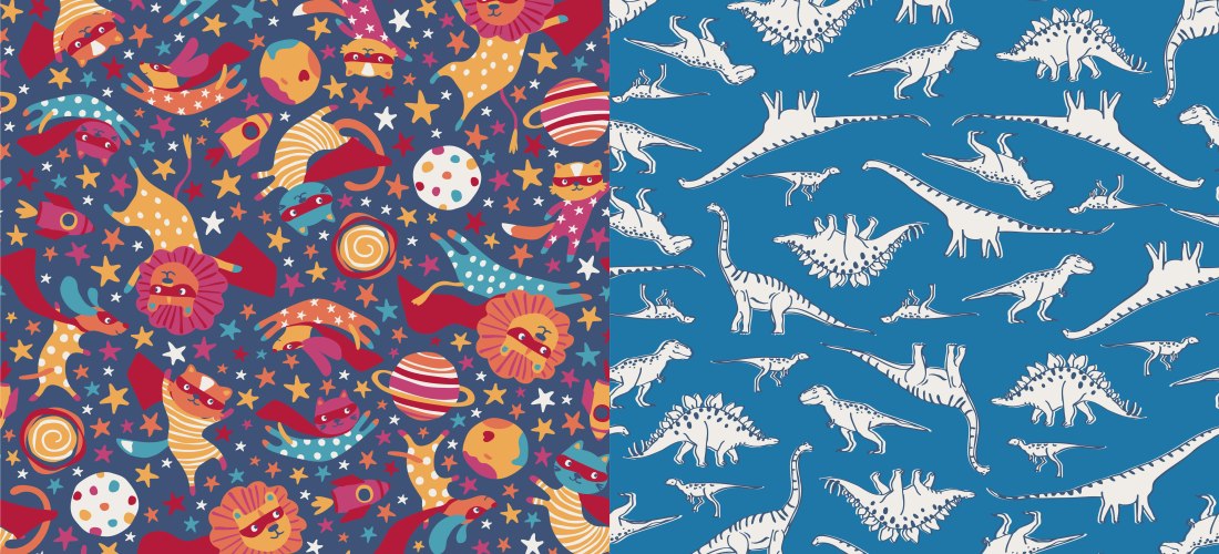 Dinosaurs and superheroes print design