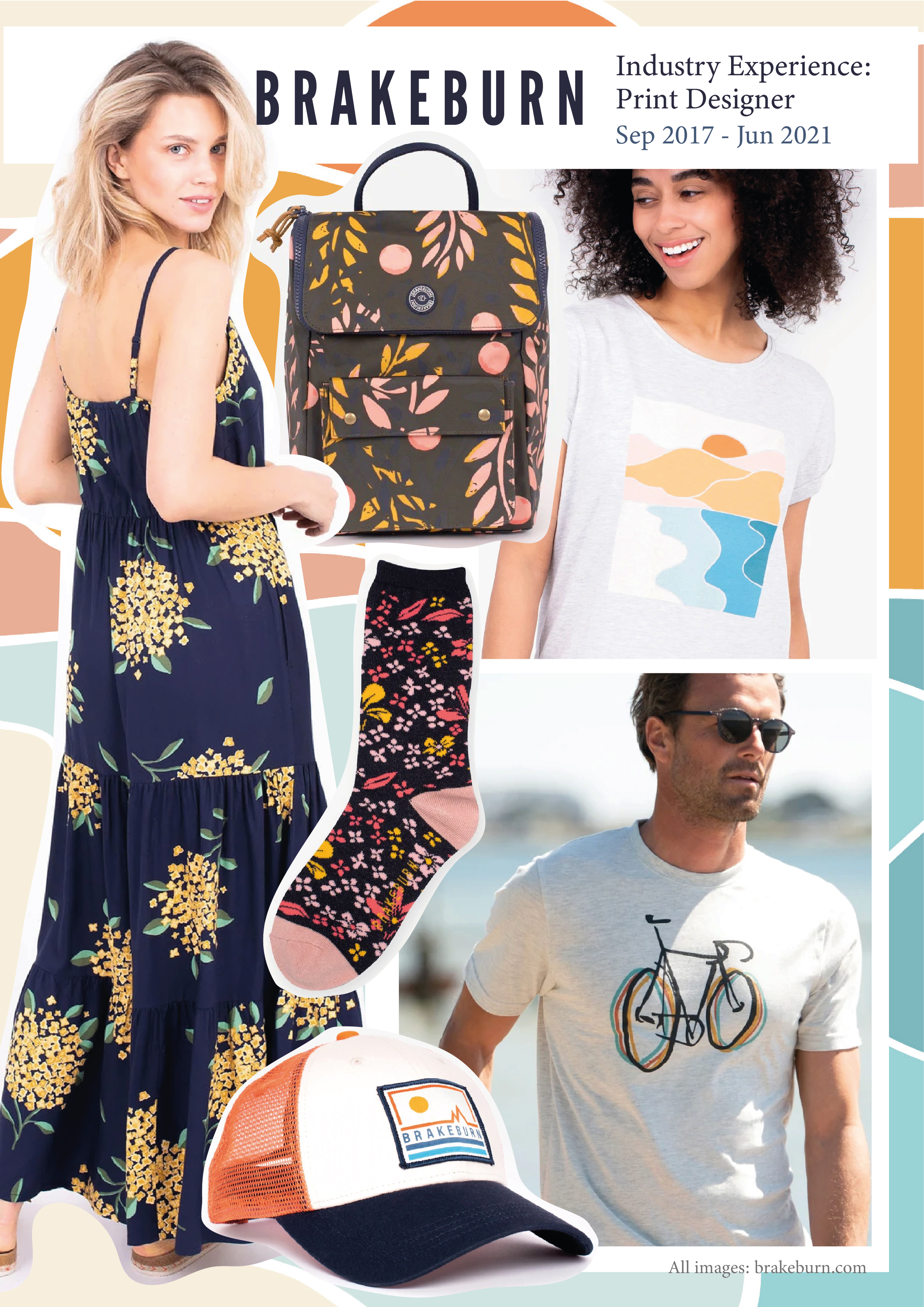 Collage showcasing various fashion items including a floral dress, a patterned backpack, a graphic t-shirt, colorful socks, and a cap, with the brand name 'Brakeburn' prominently displayed.